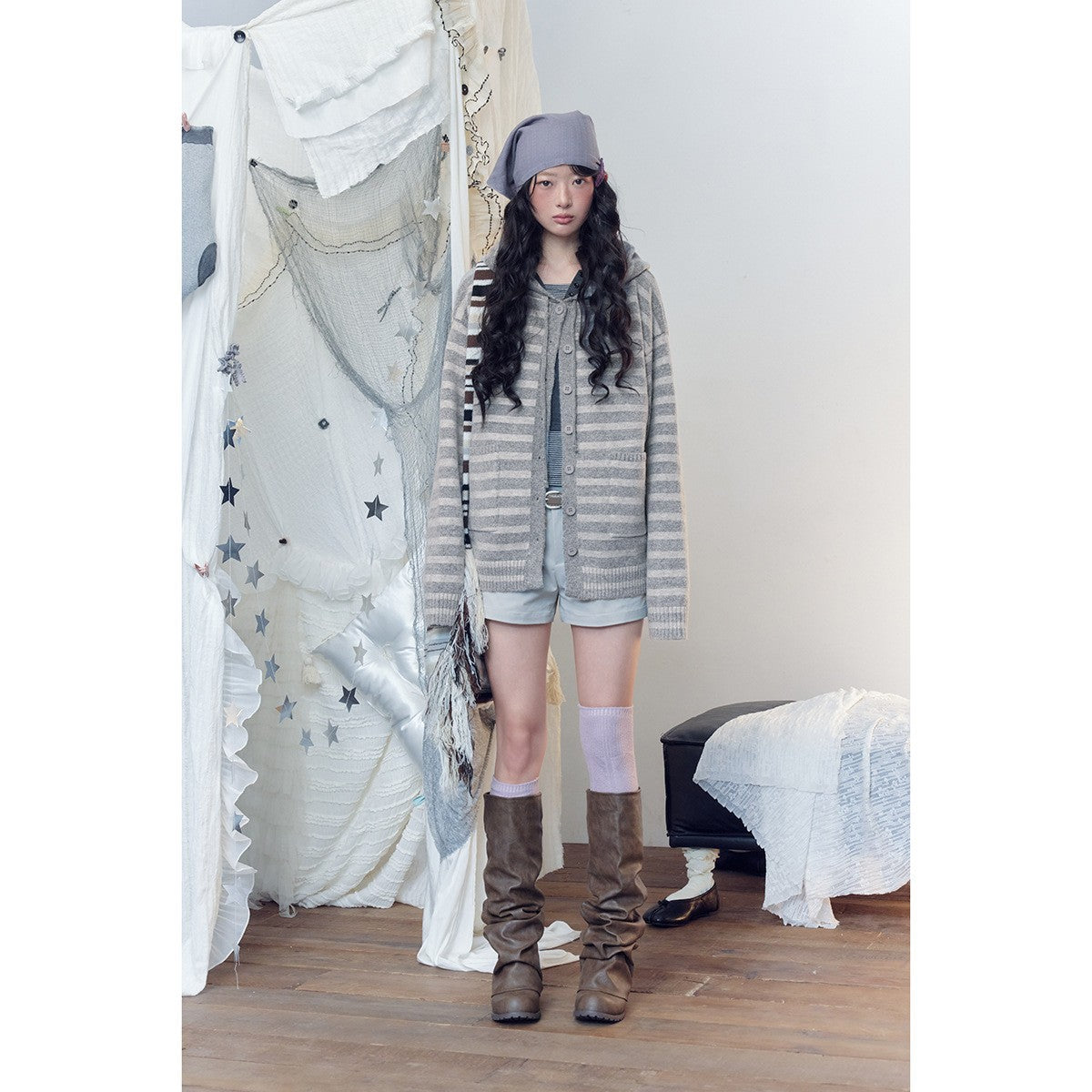 Women's Striped Cardigan with Hood, Full Button Placket and Patch Pockets EVA-US