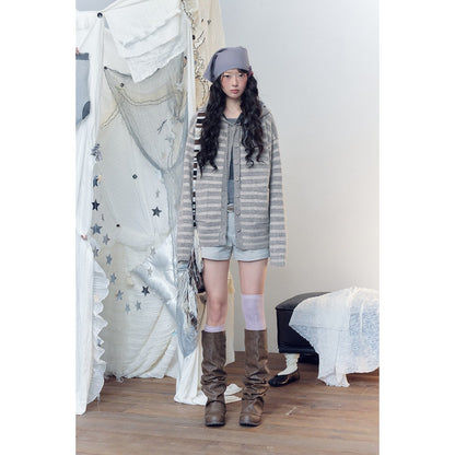 Women's Striped Cardigan with Hood, Full Button Placket and Patch Pockets EVA-US
