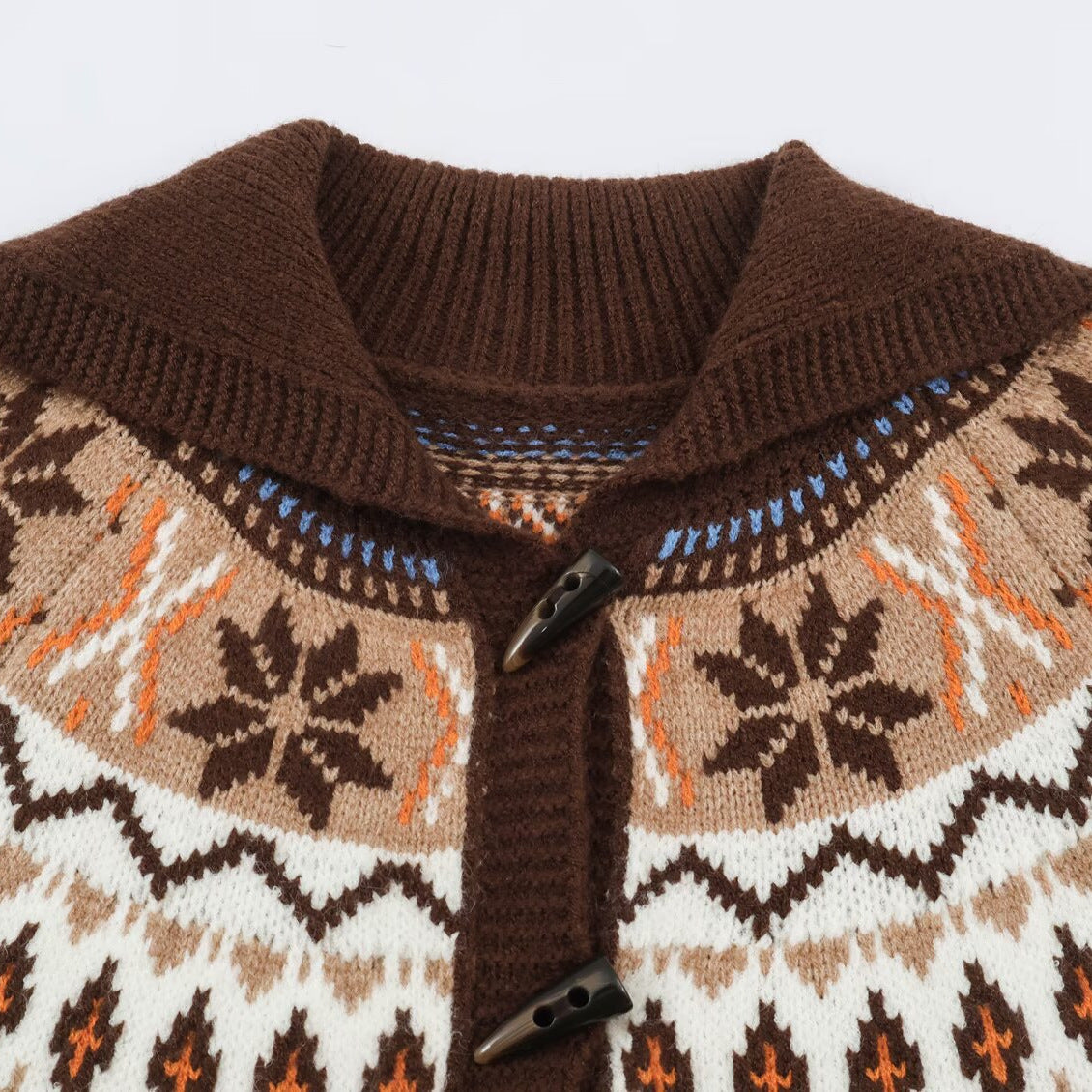 Women Chunky Knit Norwegian Cardigan with Shawl Collar and Horn Button Placket EVA-US