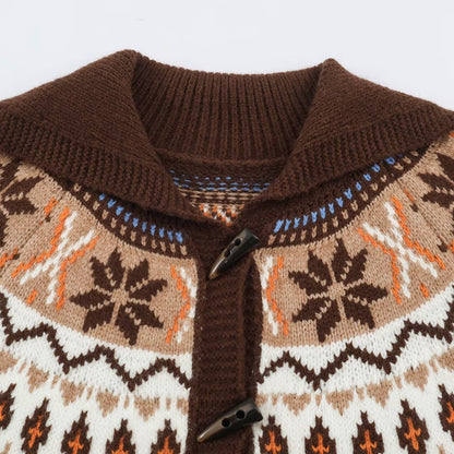 Women Chunky Knit Norwegian Cardigan with Shawl Collar and Horn Button Placket EVA-US