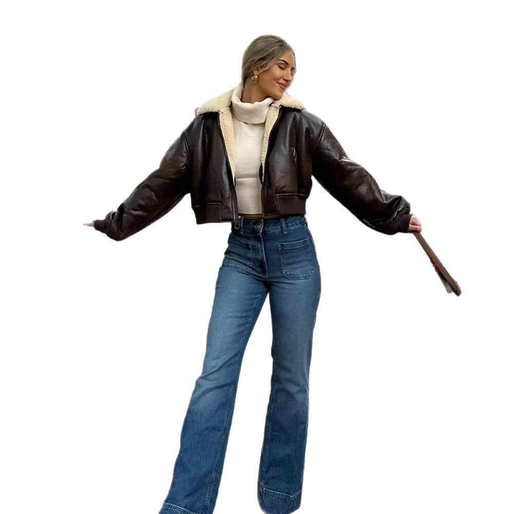 Ladies short cut pilot jacket with teddy lining and oversized sleeves EVA-US
