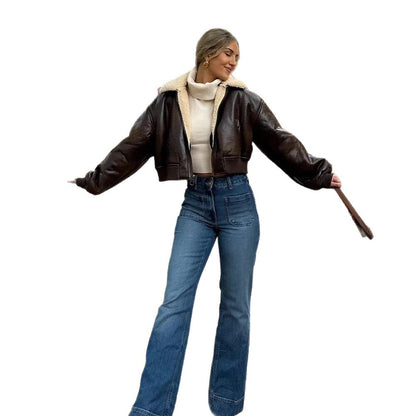 Ladies short cut pilot jacket with teddy lining and oversized sleeves EVA-US