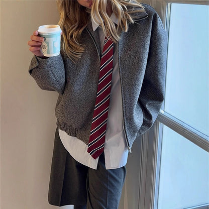 Ladies short jacket in herringbone wool blend with zip and elastic hem EVA-US