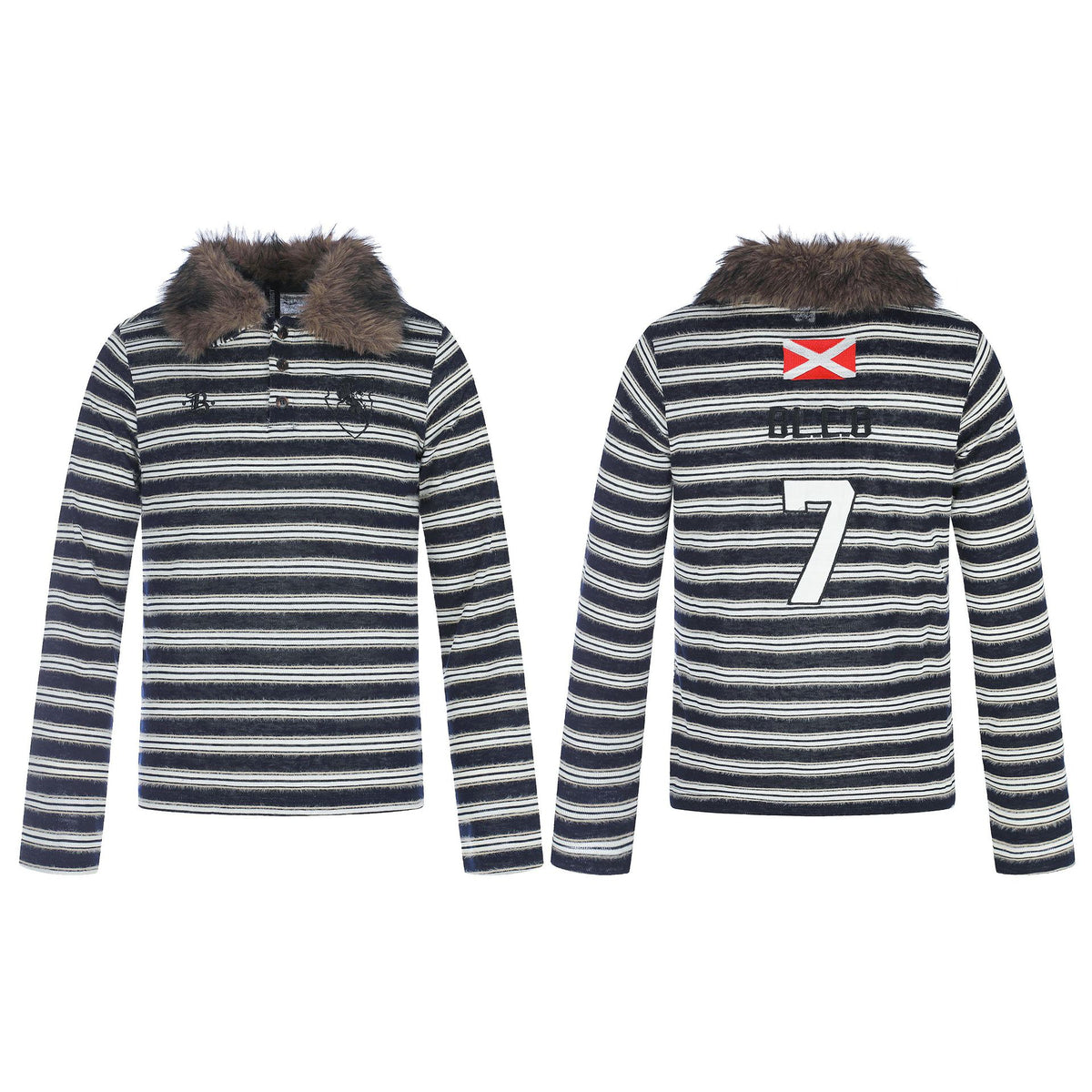 Women's Striped Long Sleeve Polo Shirt with Faux Fur Collar EVA-US