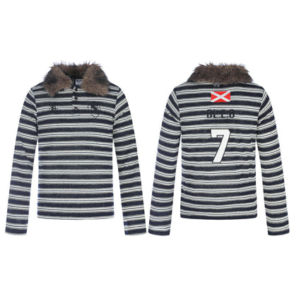 Women's Striped Long Sleeve Polo Shirt with Faux Fur Collar EVA-US