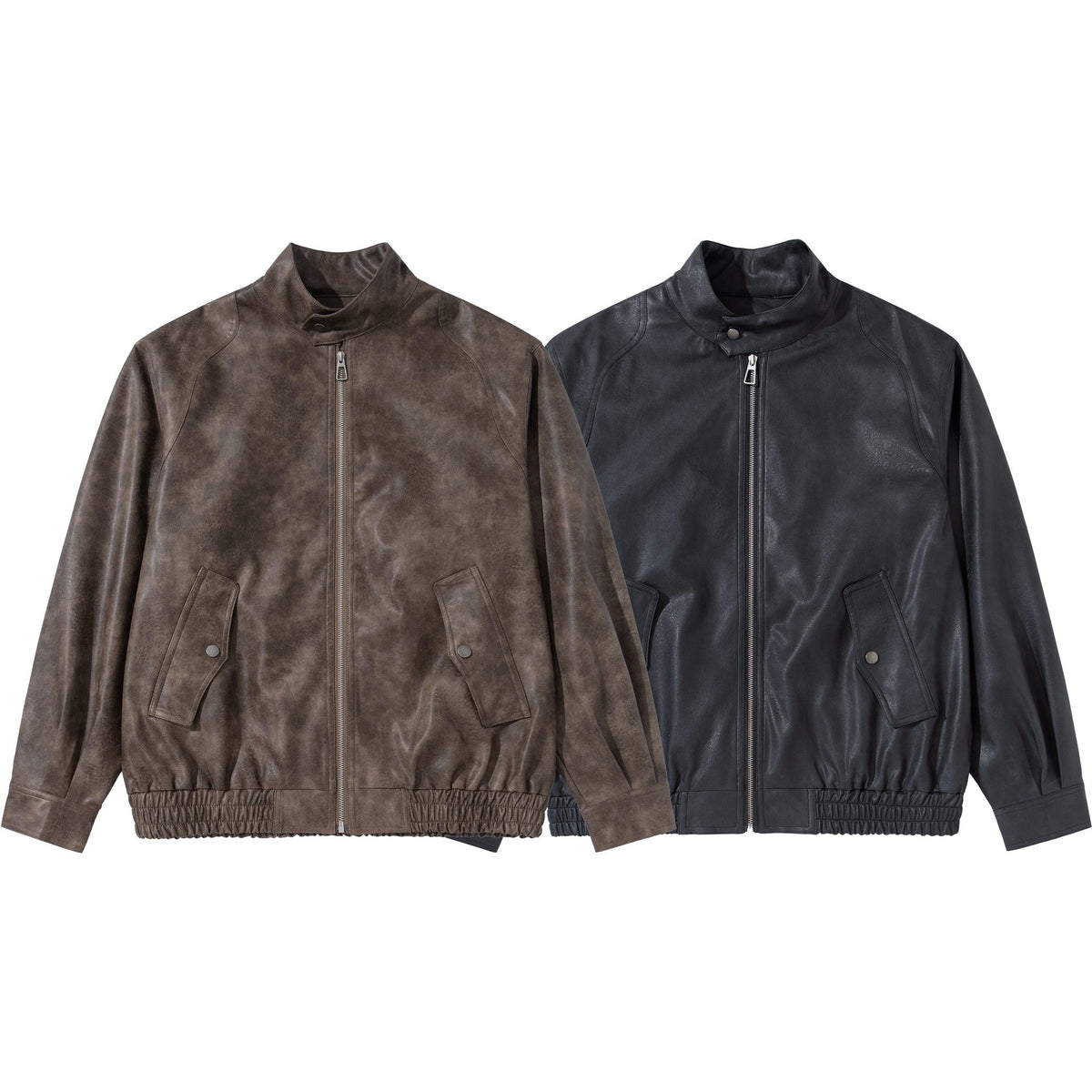 Men's vintage-inspired faux leather bomber jacket with funnel collar, flap pockets, and elastic hem EVA-US