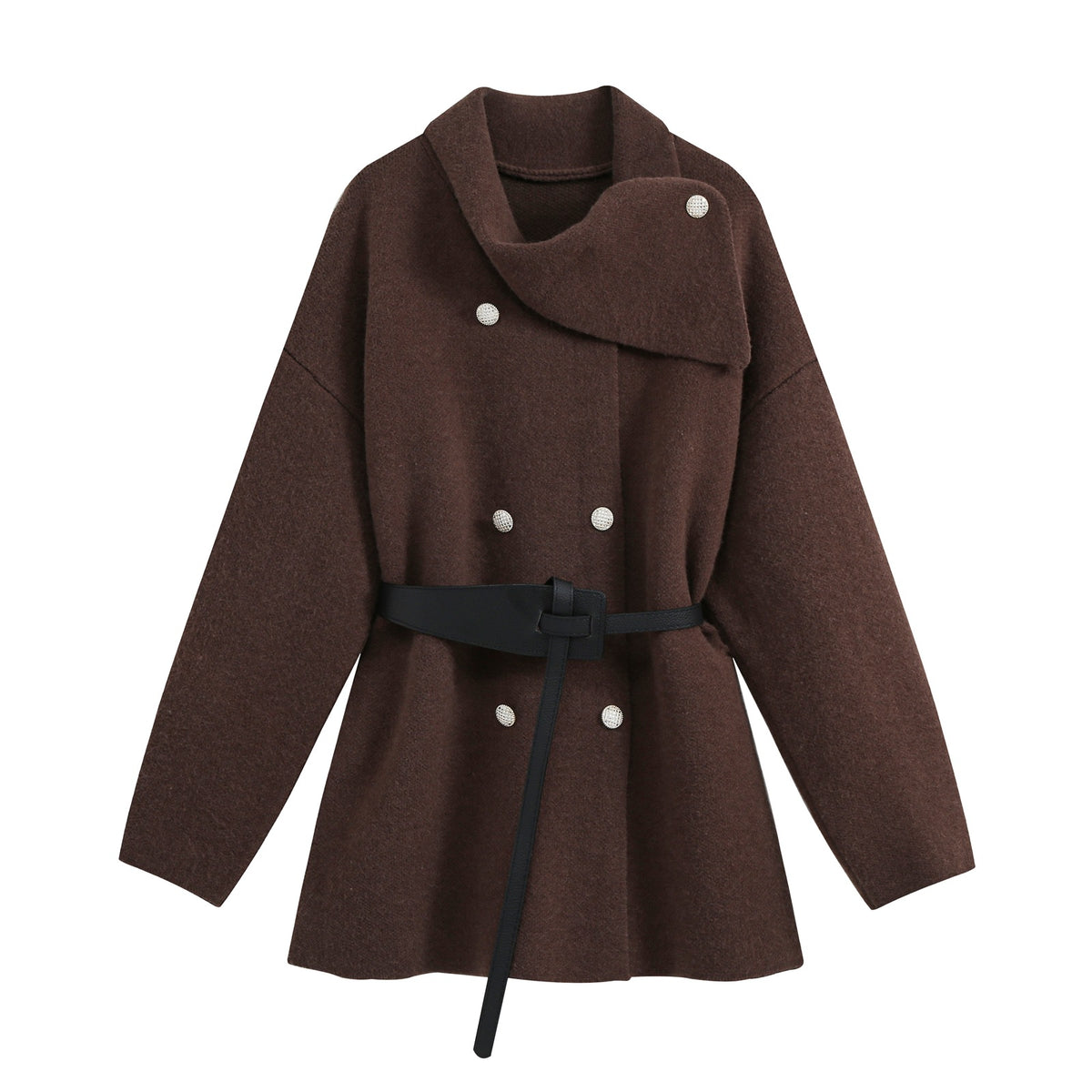 Women's Short Blouson Coat in Cocoon Cut with Asymmetrical Shawl Collar and Waist Belt EVA-US