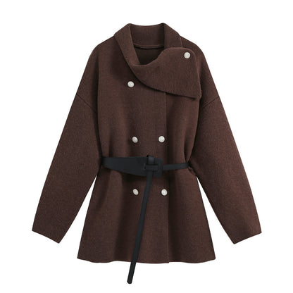 Women's Short Blouson Coat in Cocoon Cut with Asymmetrical Shawl Collar and Waist Belt EVA-US