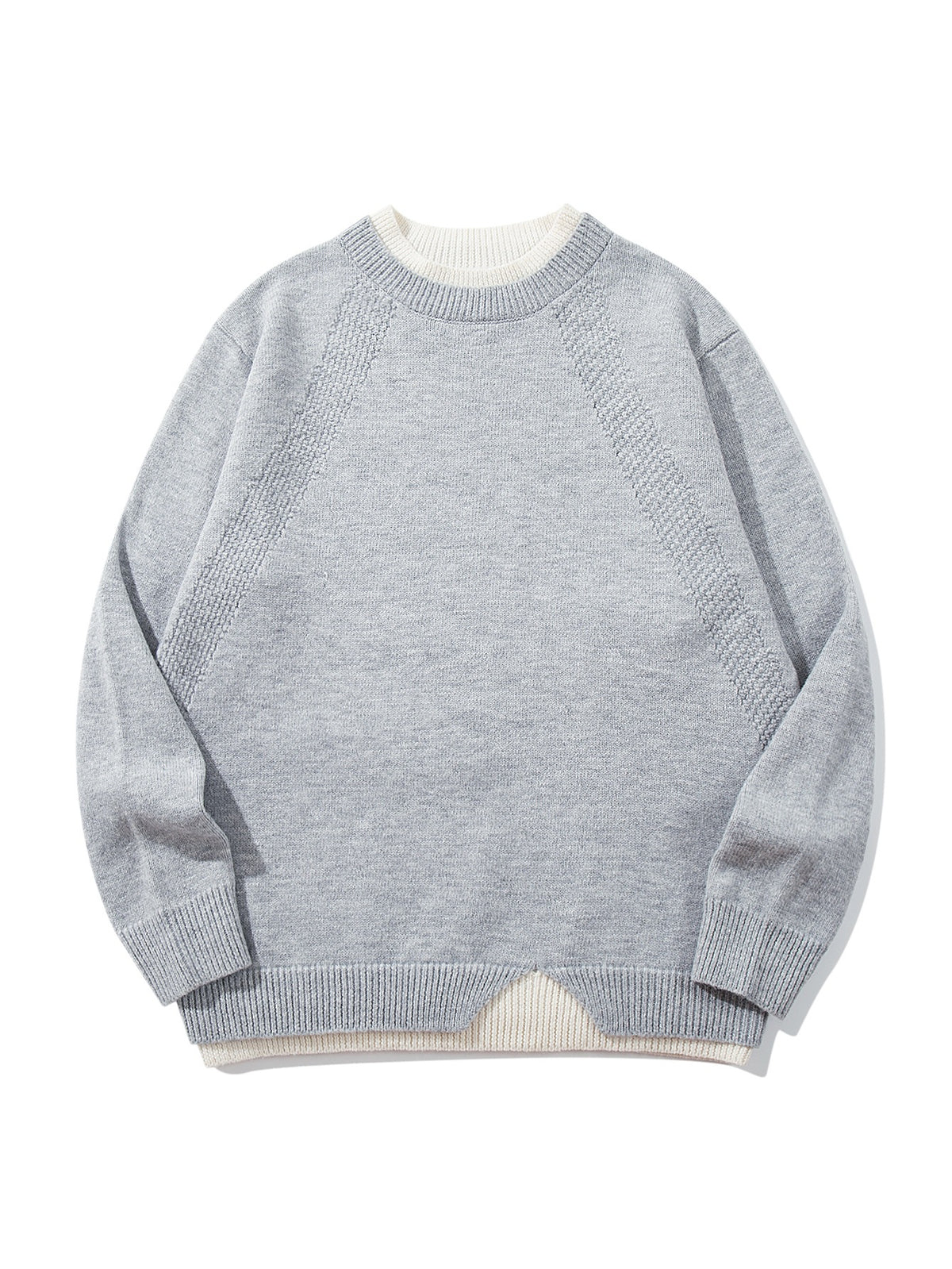 Women's Structured Rib and Waffle Knit Round Neck Sweater with Layered Hem EVA-US