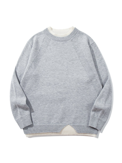 Women's Structured Rib and Waffle Knit Round Neck Sweater with Layered Hem EVA-US