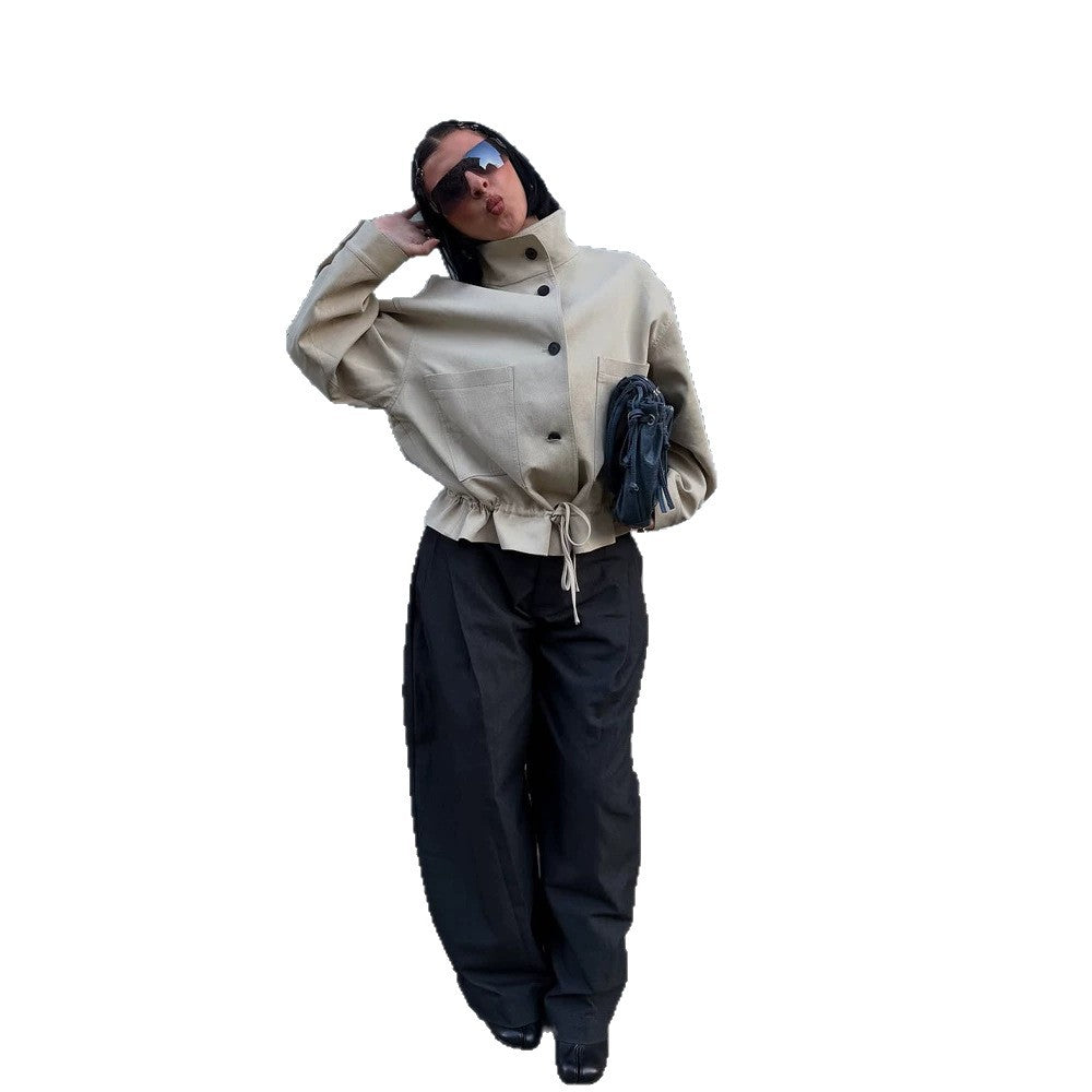 Women's Short-Cut Oversized Canvas Blouson with Stand-Up Collar EVA-US