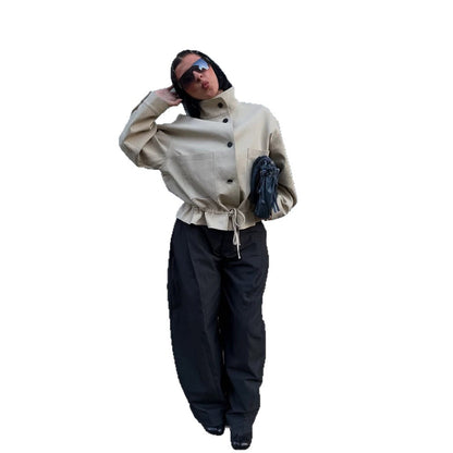 Women's Short-Cut Oversized Canvas Blouson with Stand-Up Collar EVA-US