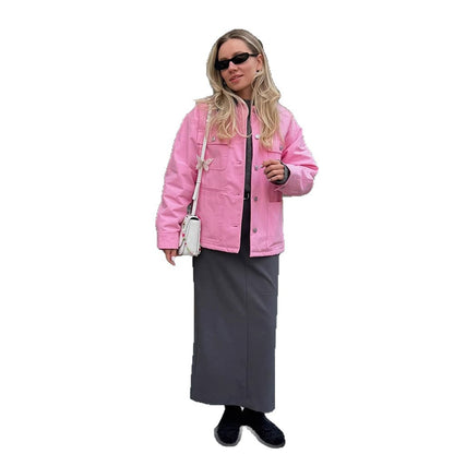 Women's Boxy Overshirt Jacket with Patch Pockets & Metal Button Placket EVA-US