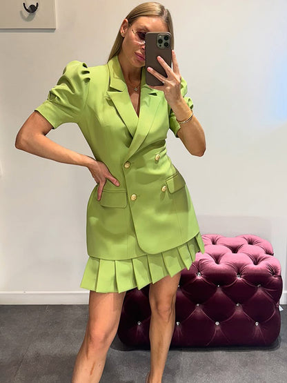 Women Double-breasted Blazer Dress with Puff Sleeves and Pleated Hem EVA-US