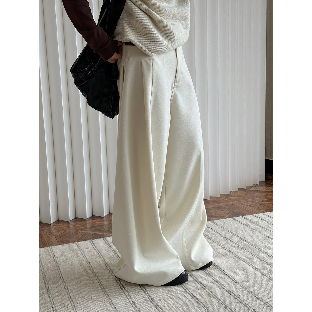 Women High-waisted wide wool-look palazzo trousers with pleats and low crotch EVA-US