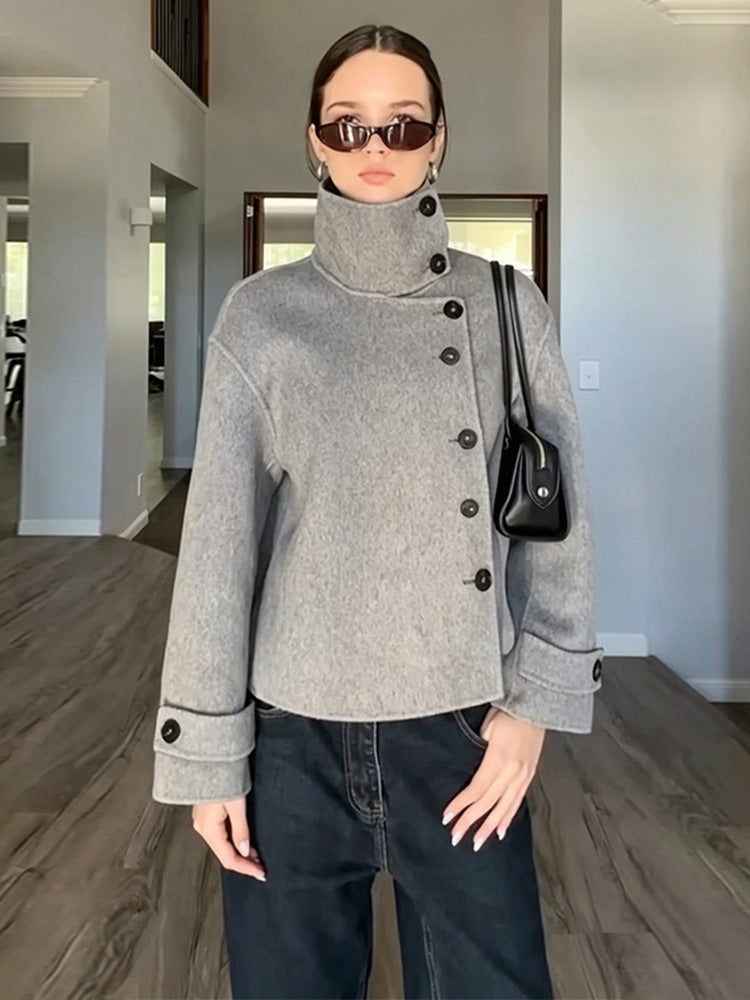Women's Short Wool Blend Coat with Asymmetrical Button Placket and High Standing Collar EVA-US