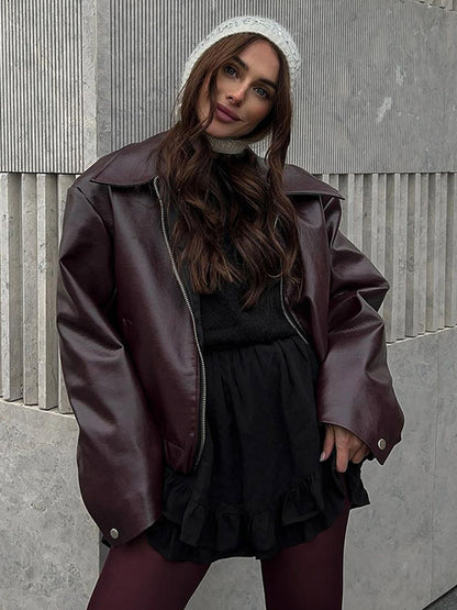 Women Short Oversized Faux Leather Flight Jacket with Distinctive Lapel and Snap Button Cuffs EVA-US