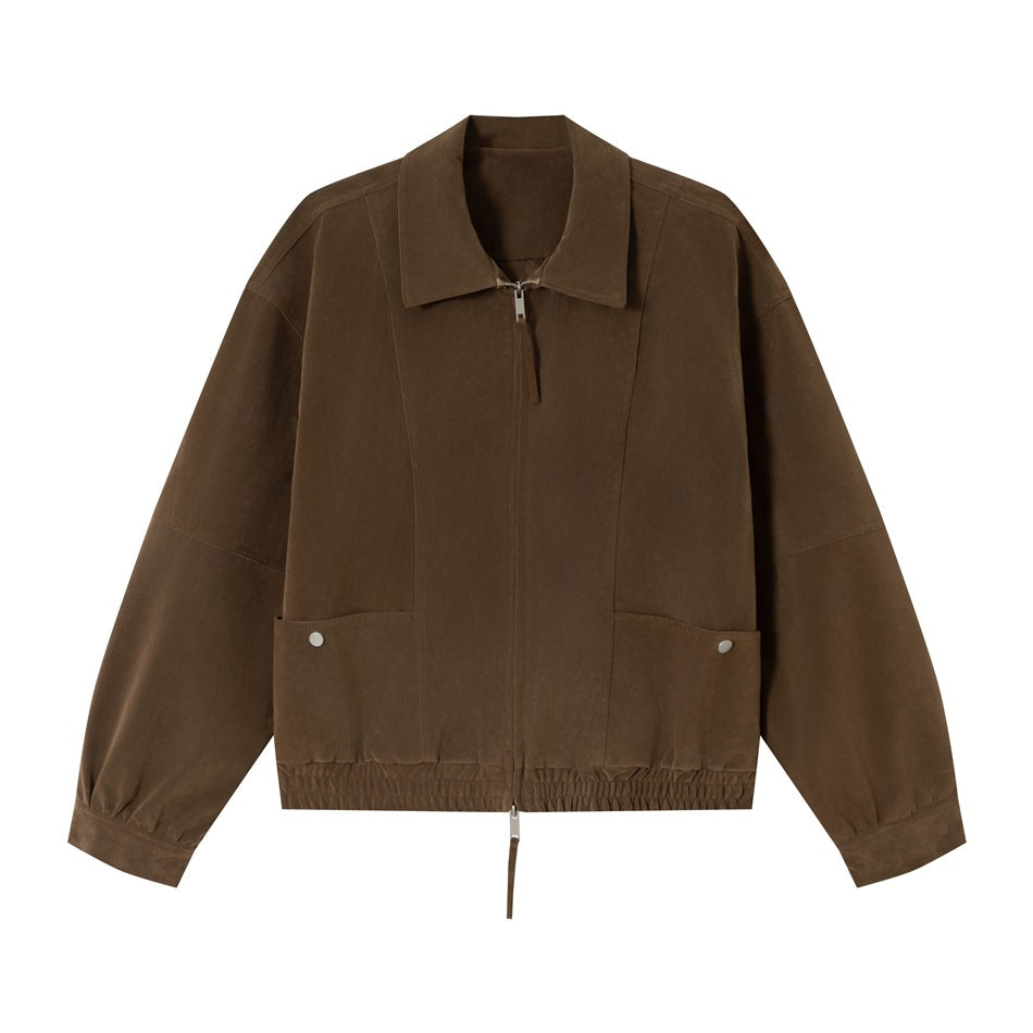 Men's Boxy Velour Blouson with Shirt Collar and Elastic Hem