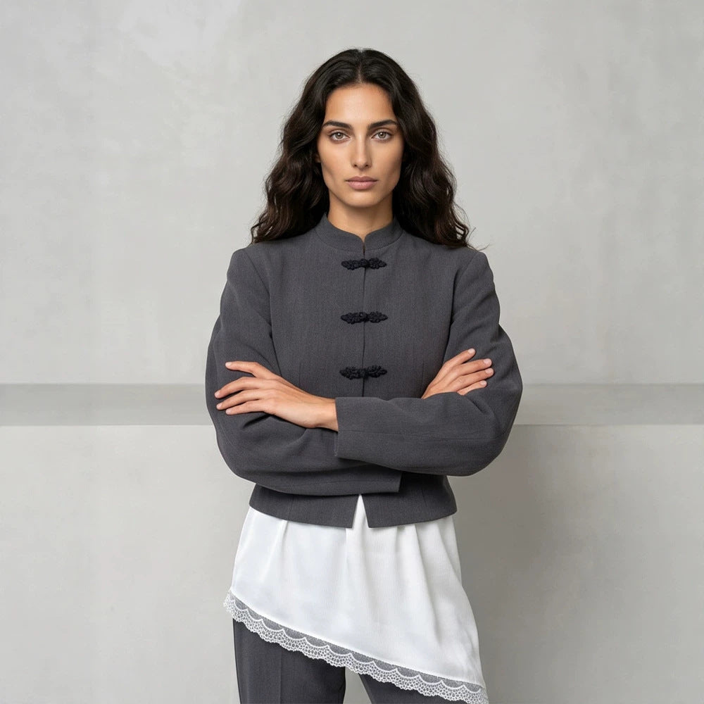 Women's Tailored Cropped Blazer with Mandarin Collar and Decorative Knot Closure EVA-US