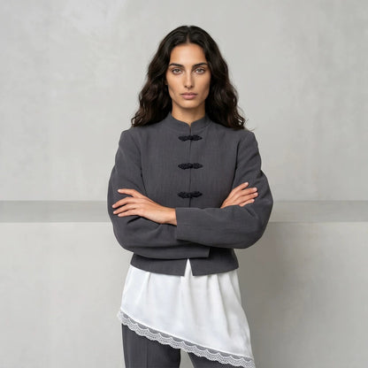 Women's Tailored Cropped Blazer with Mandarin Collar and Decorative Knot Closure EVA-US