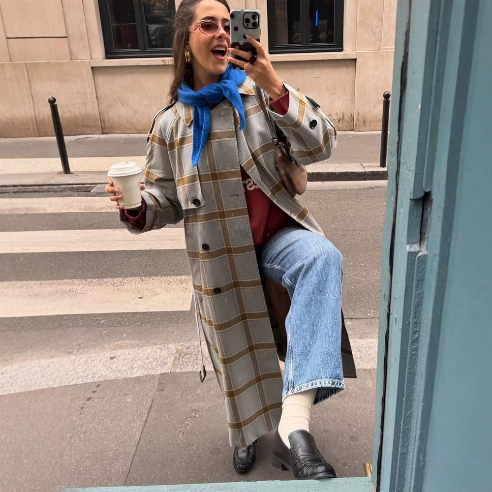 Women's long checkered coat in trench coat style with double button placket EVA-US