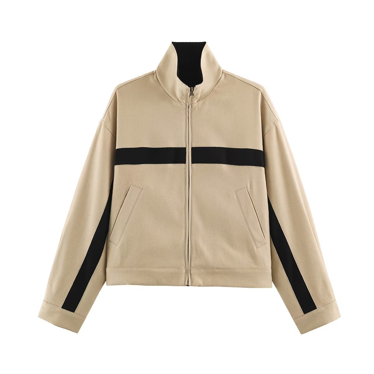 Ladies Cropped Track Jacket with Stand-up Collar, Zipper and Side Contrast Stripes EVA-US