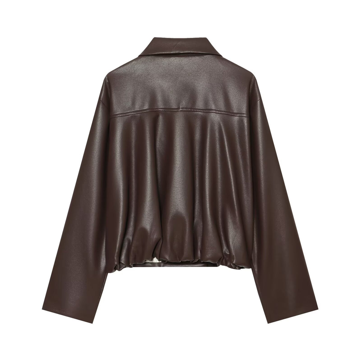 Women's Short Faux Leather Blouson with Double-Breasted Button Placket and Boxy Silhouette EVA-US