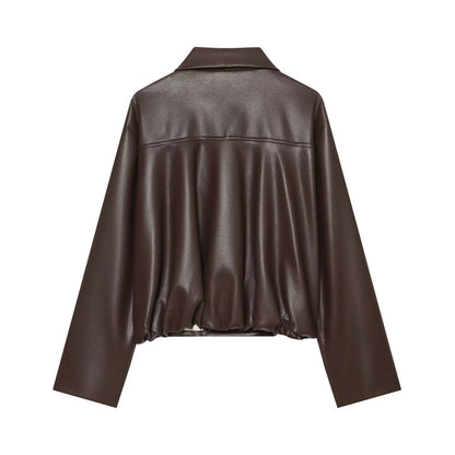 Women's Short Faux Leather Blouson with Double-Breasted Button Placket and Boxy Silhouette EVA-US