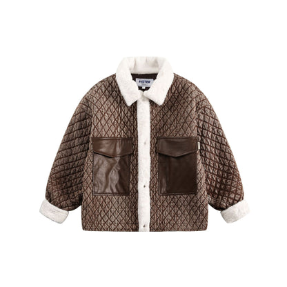 Women's short quilted jacket with faux fur collar and leather patch pockets EVA-US