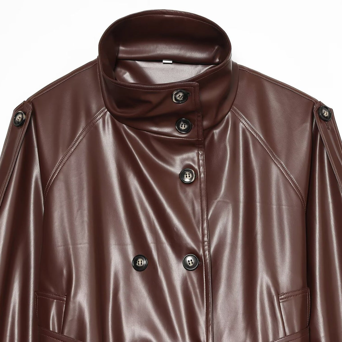 Women's Cropped Faux Leather Jacket with High Collar and Waistband EVA-US
