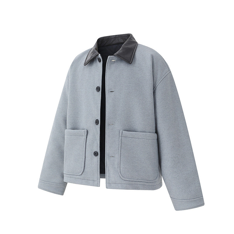 Unisex Short Blouson in minimalist Workwear look made of wool blend with leather look collar EVA-US