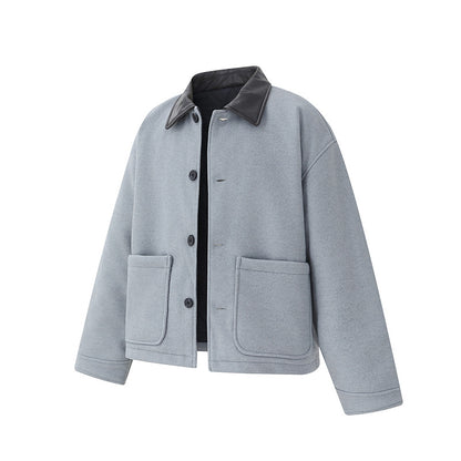 Unisex Short Blouson in minimalist Workwear look made of wool blend with leather look collar EVA-US