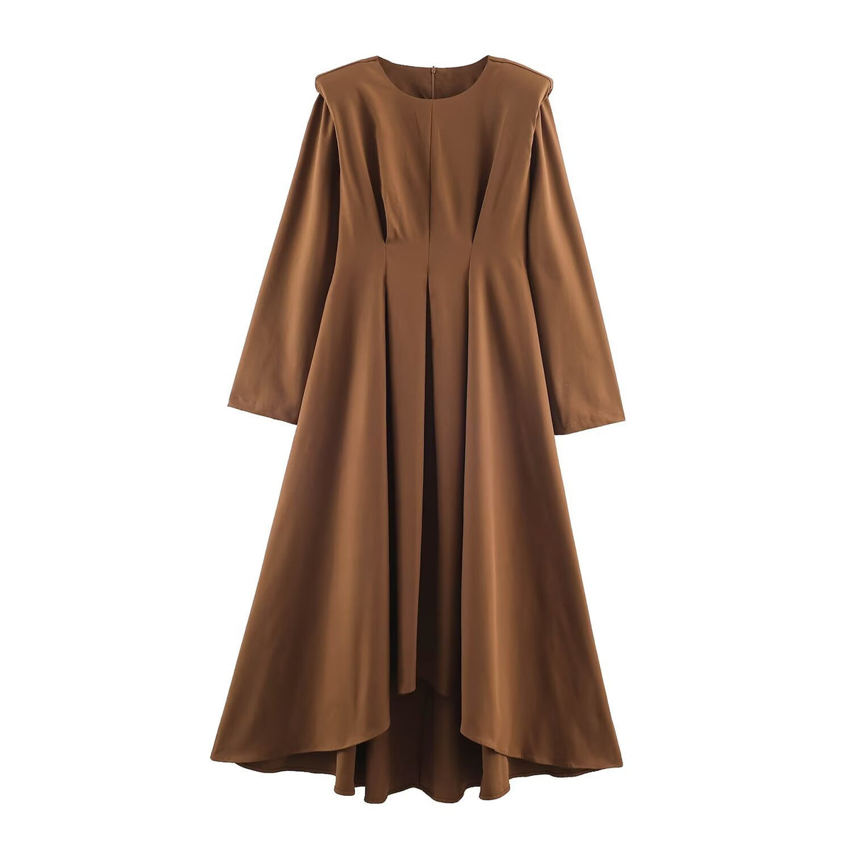 Women A-Line Midi Dress with High-Low Hem, Gathered Waist and Long Sleeves EVA-US