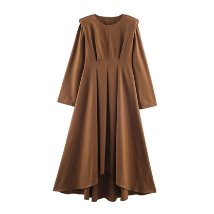 Women A-Line Midi Dress with High-Low Hem, Gathered Waist and Long Sleeves EVA-US