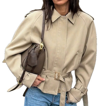Ladies tailored short trench coat with tie belt, raglan sleeves and concealed button placket EVA-US