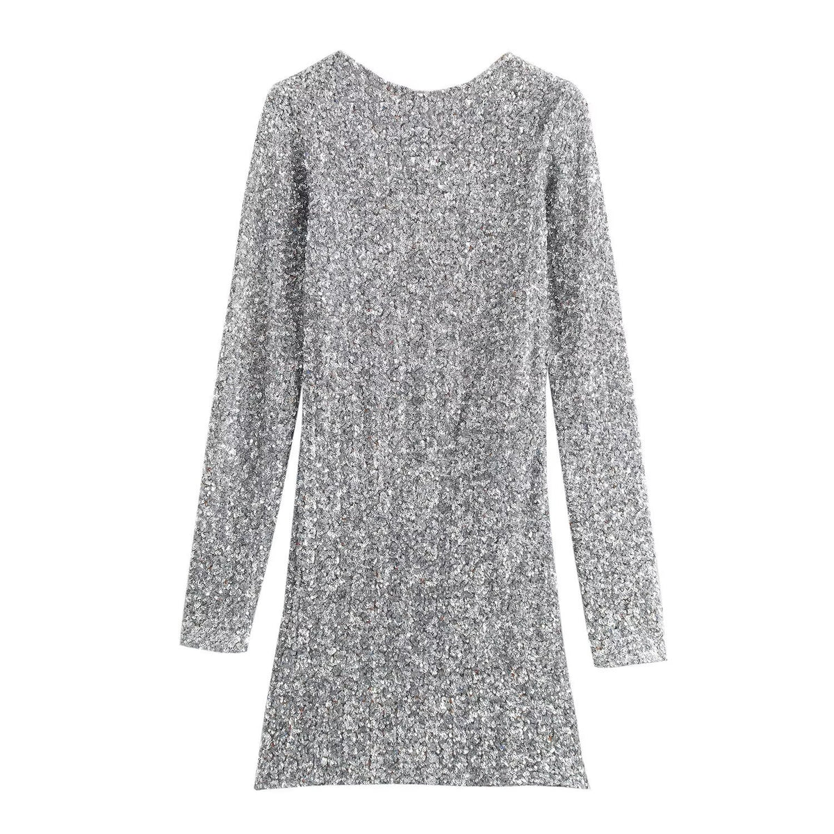 Women's Sequin Mini Dress with Long Sleeves and Boat Neck