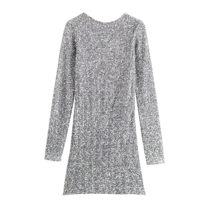 Women's Sequin Mini Dress with Long Sleeves and Boat Neck