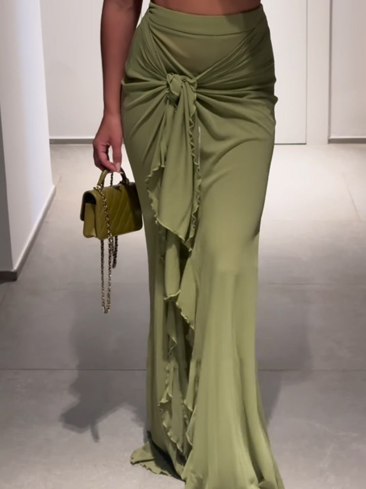 Women High-Waisted Maxi Skirt with Asymmetrical Gather, Knot Detail and Ruffle Split EVA-US