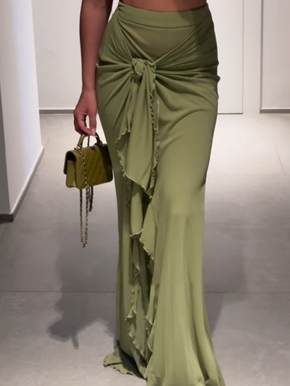 Women High-Waisted Maxi Skirt with Asymmetrical Gather, Knot Detail and Ruffle Split EVA-US