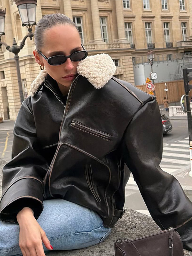 Women Short Cut Leather Imitation Bomber Jacket with Voluminous Teddy Shawl Collar and Distinctive Decorative Seams EVA-US