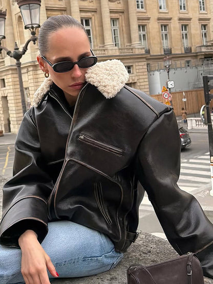 Women Short Cut Leather Imitation Bomber Jacket with Voluminous Teddy Shawl Collar and Distinctive Decorative Seams EVA-US