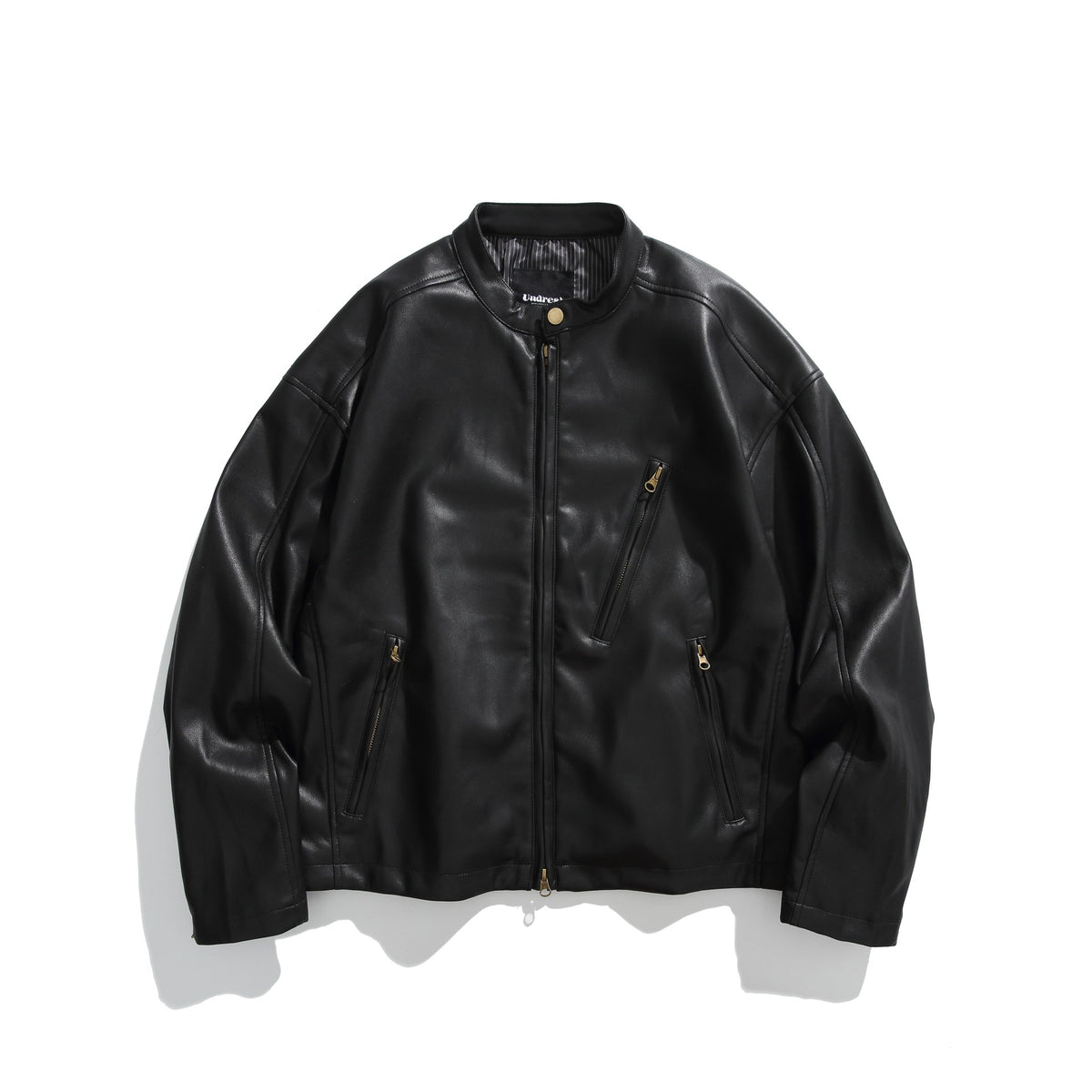 Men's leather-look bomber jacket with stand-up collar, angled zip pockets and minimalist seam design EVA-US