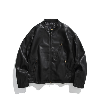 Men's leather-look bomber jacket with stand-up collar, angled zip pockets and minimalist seam design EVA-US