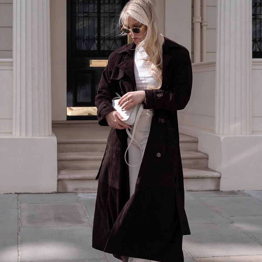Women's Long Velvet Trench Coat with Tie Belt and Lapel Collar EVA-US