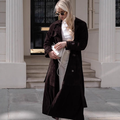 Women's Long Velvet Trench Coat with Tie Belt and Lapel Collar EVA-US