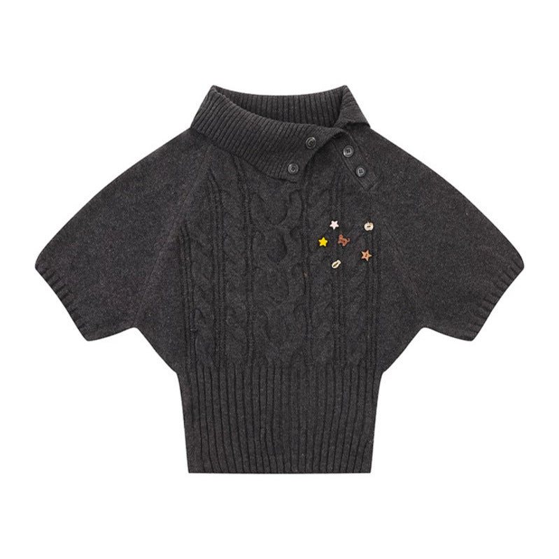 Women's Short-Sleeved Cable Knit Sweater Top with Stand Collar and Button Placket EVA-US