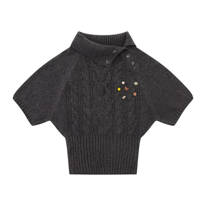 Women's Short-Sleeved Cable Knit Sweater Top with Stand Collar and Button Placket EVA-US