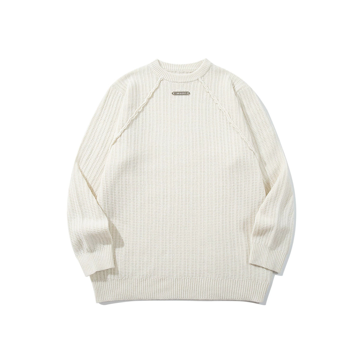 Unisex Structured Waffle Knit Crew Neck Sweater with Raglan Sleeves and Metal Logo EVA-US