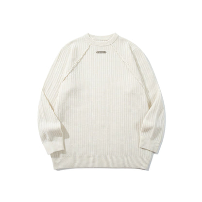 Unisex Structured Waffle Knit Crew Neck Sweater with Raglan Sleeves and Metal Logo EVA-US