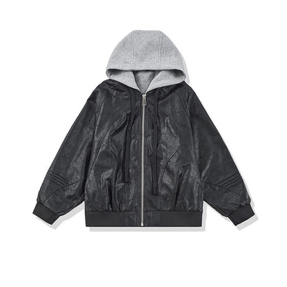 Unisex Wide Cut Faux Leather Bomber Jacket with Contrast Hood and Ribbed Cuffs EVA-US